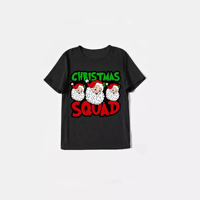 "Santa Squad" and Santa Claus Print Black Short Sleeve with Red & Black Plaid Pant Family Matching Pajamas