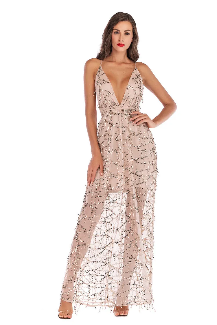 Sexy Long Sequins Evening Dress Backless Evening Party Dress