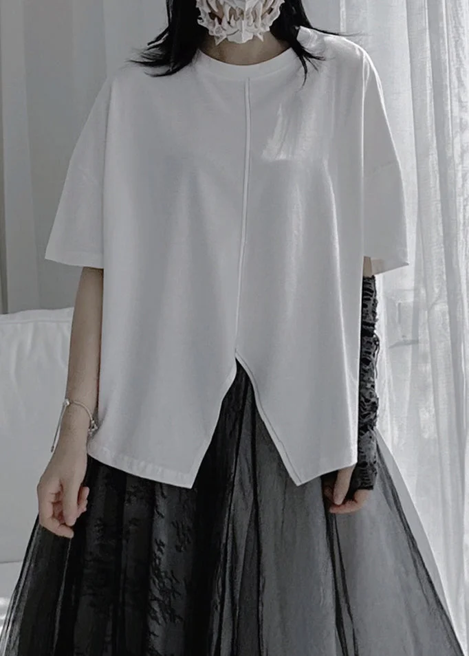 Women White O-Neck Patchwork Cotton Tops Summer