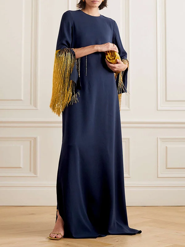 Solid Color Split-side Tasseled H-line Long Sleeves Round-neck Maxi Dresses