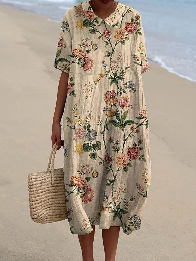 Women's Vintage Lovely Floral Art Print Pocket Linen Dress（Convertible Dress With Front And Back Option）