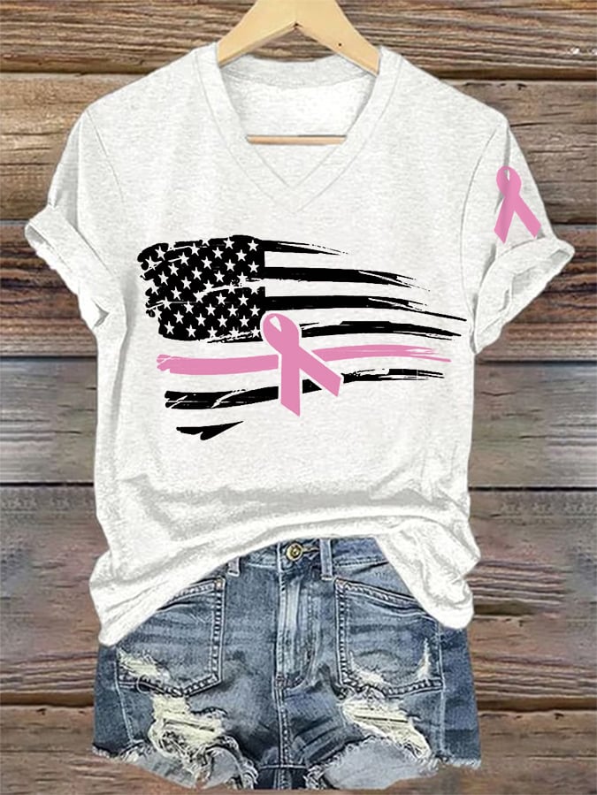 Women's Pink Ribbon American Flag Breast Cancer Awareness Warrior V-Neck Tee