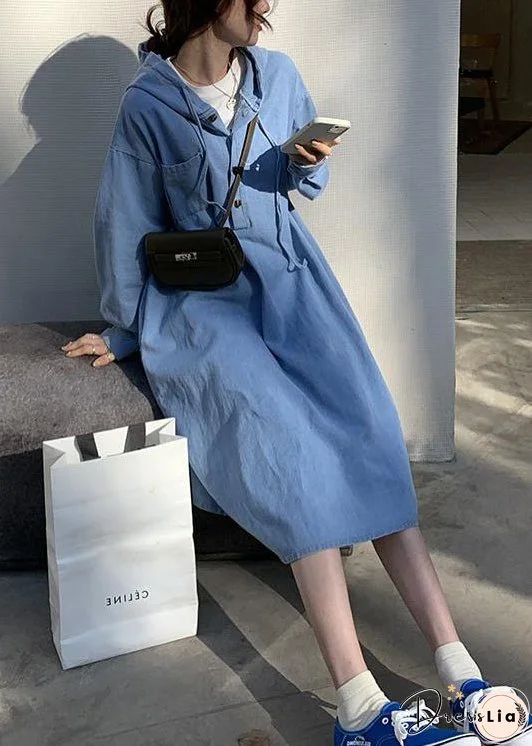French Navy Hooded Button Patchwork Denim Dress Spring