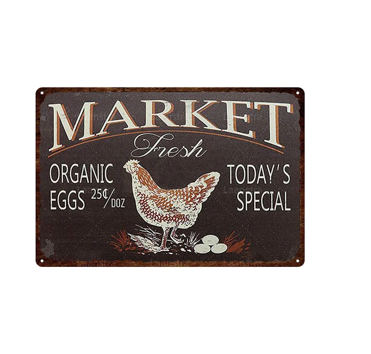 Marché au poulet œufs oroganiques frais spécial du jour - enseignes en étain vintage / enseignes en bois - 7.9x11.8in & 11.8x15.7in