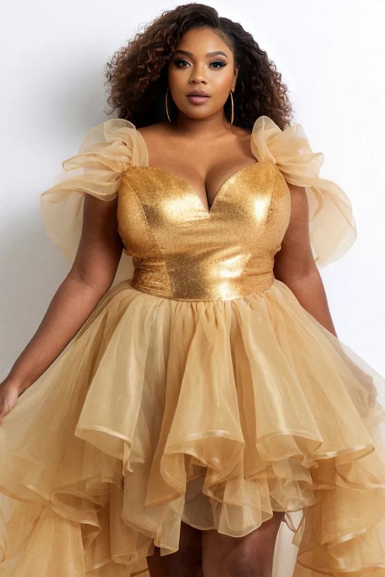 Xpluswear Design Plus Size Cocktail Party Organza Gold V Neck Ruffle Elegant High Low Hem Glitter Mini Dresses [Pre-Order]