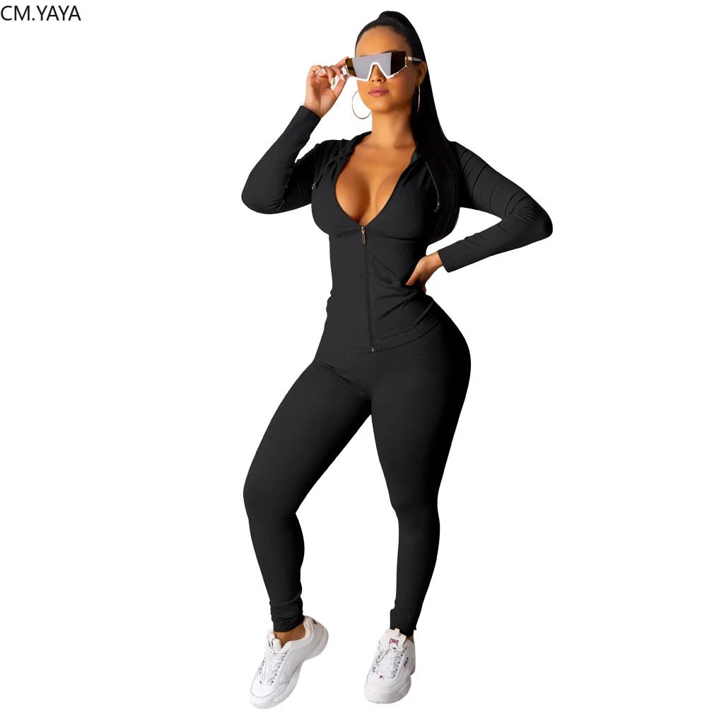 CM.YAYA Autumn Women Solid Zipper Up Long Sleeve Hooded Top Pencil Pants Suit Two Piece Set Casual Sporting Tracksuit Outfit