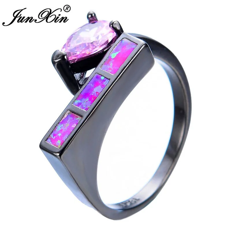 JUNXIN New Hot Fashion Water Drop Design Princess Pink Opal Ring Vintage Wedding Rings For Men And Women Jewelry Gifts