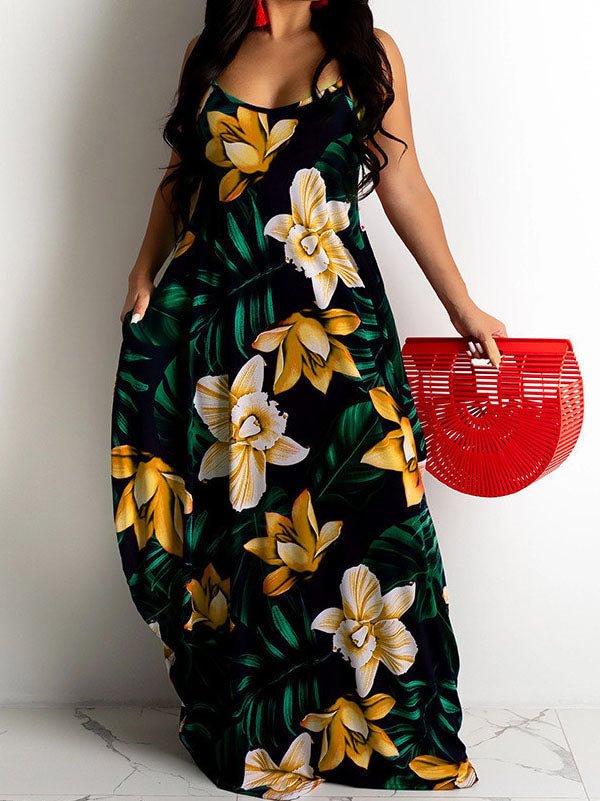 Plus Size Casual Cami Sleeveless Peplum Flower Print Maxi Dress