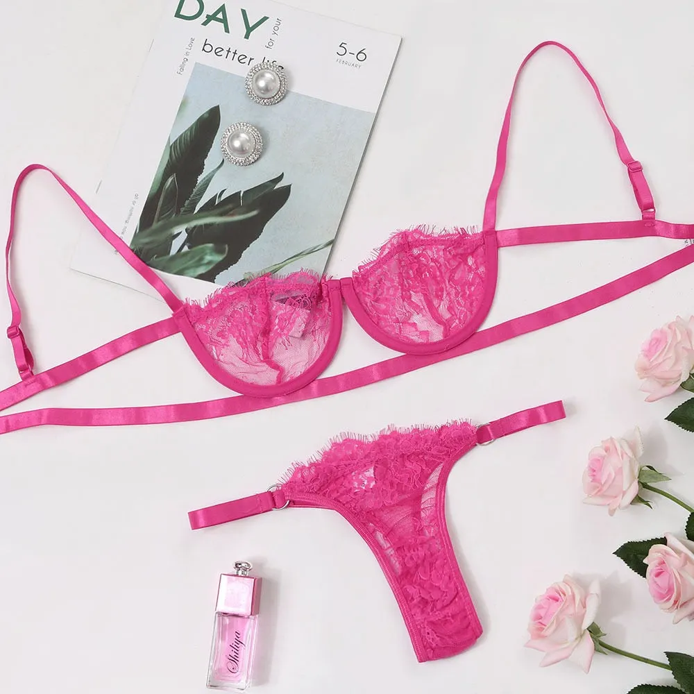 Ellolace Sexy Women's Underwear Lingerie Transparent Bra Low Cup Lace Underwear Set Lenceria Sexy Lingerie Set Bra And Panty Set 514