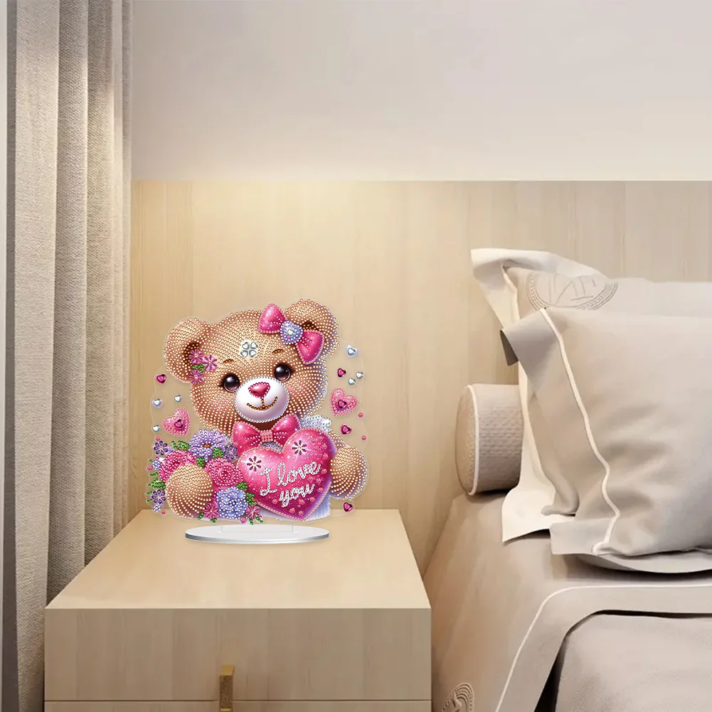 5D DIY Love Flower Bear Acrylic Single-Sided Diamond Painting Tabletop Ornament Kit for Office Desktop Decor