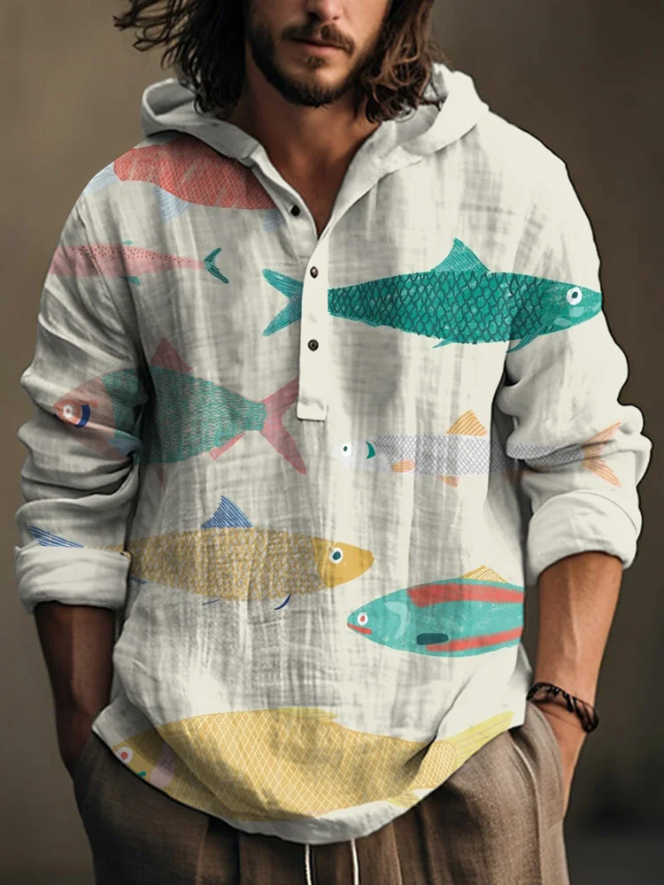 Men's Colorful Fish Art Linen Hooded Long Sleeve Shirt