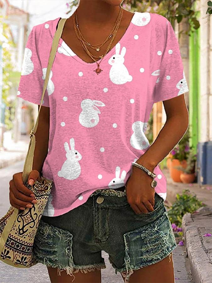 Women's Cute Rabbit Print V-Neck T-Shirt