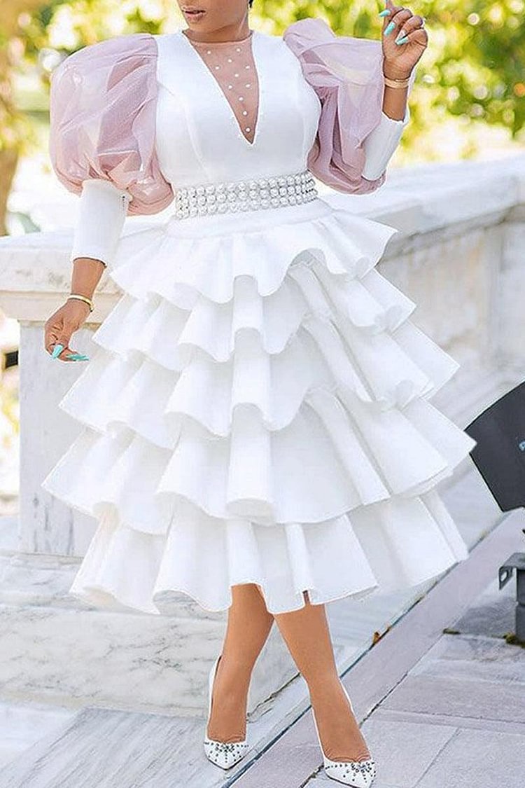 Xpluswear Plus Size Elegant Mesh Puff Sleeve Stitching Pearl A Line Ruffle Overlay Midi Dresses