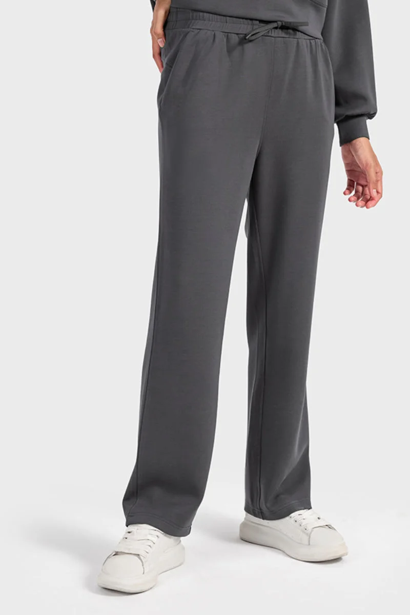 Solid Color Drawstring Elastic Waistband Sporty Casual Straight Pants