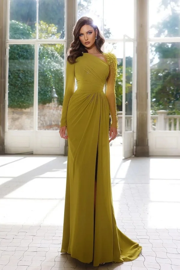 Elegant Long Sleeve Yellow Prom Dress Asymmetric Pleated Slit YH0001