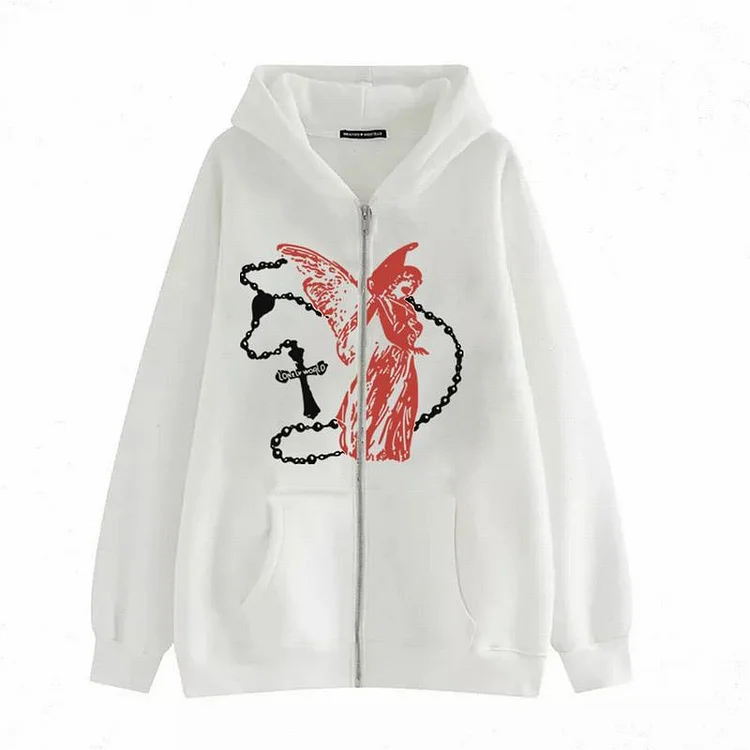 Angel Cross Print Zip Up Hoodie Gothic Loose Sweatshirt Jacket at Hiphopee