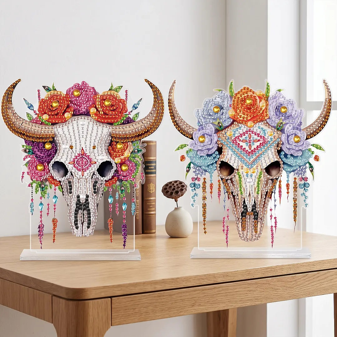 2Pcs DIY Diamond Art Tabletop Ornaments Reusable Special Gem Rhinestone Mosaic Craft Multi-Purpose Diamonds Art Suncatchers Flowers Gift for Craft Lovers (Floral Bull Skulls)