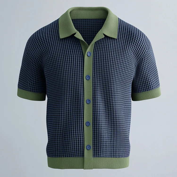 Men's Turndown Collar Short Sleeve Button Plaid Colorblock Shirt