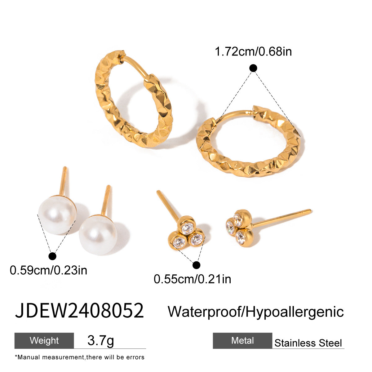 Jie Ding Three Pairs Of Stainless Steel Zircon Earrings Niche Pearl Earrings Titanium Steel Earrings