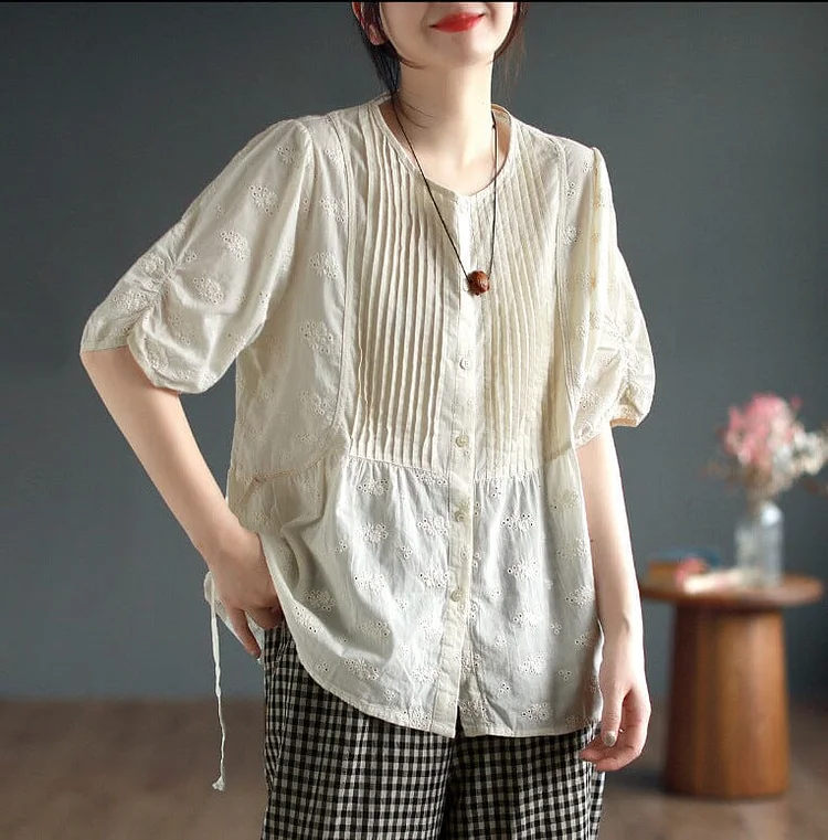 Summer Loose Retro Embroidery Solid Linen Blouse