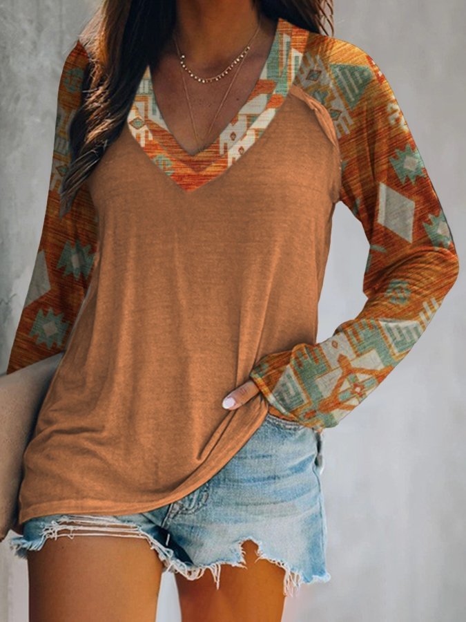 Western Ethnic Print Long Sleeve Casual T-Shirt