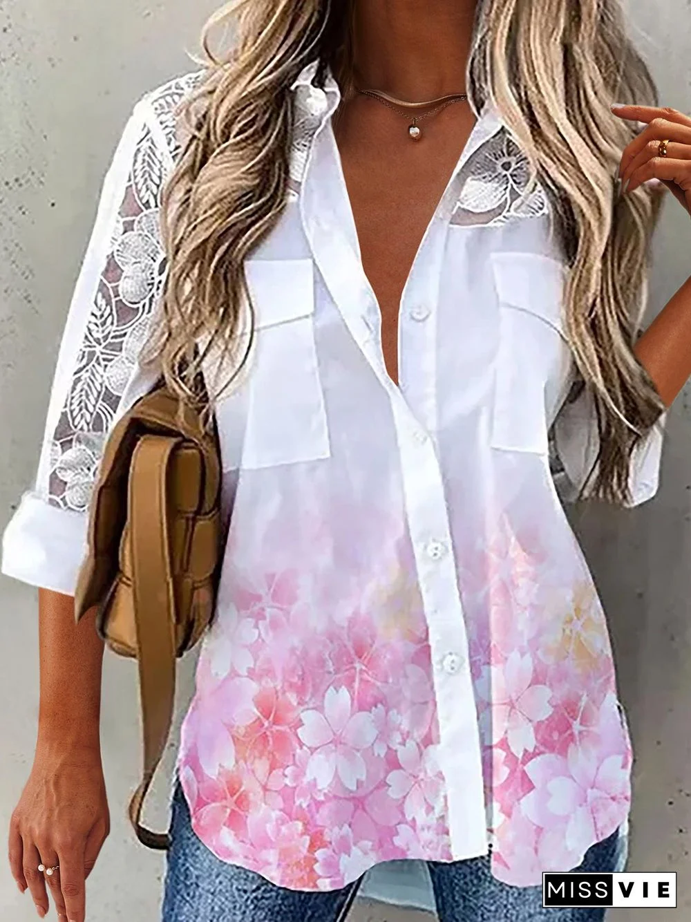 Lace 3/4 Sleeves Floral Printed Pockets Plus Size Casual Shirt