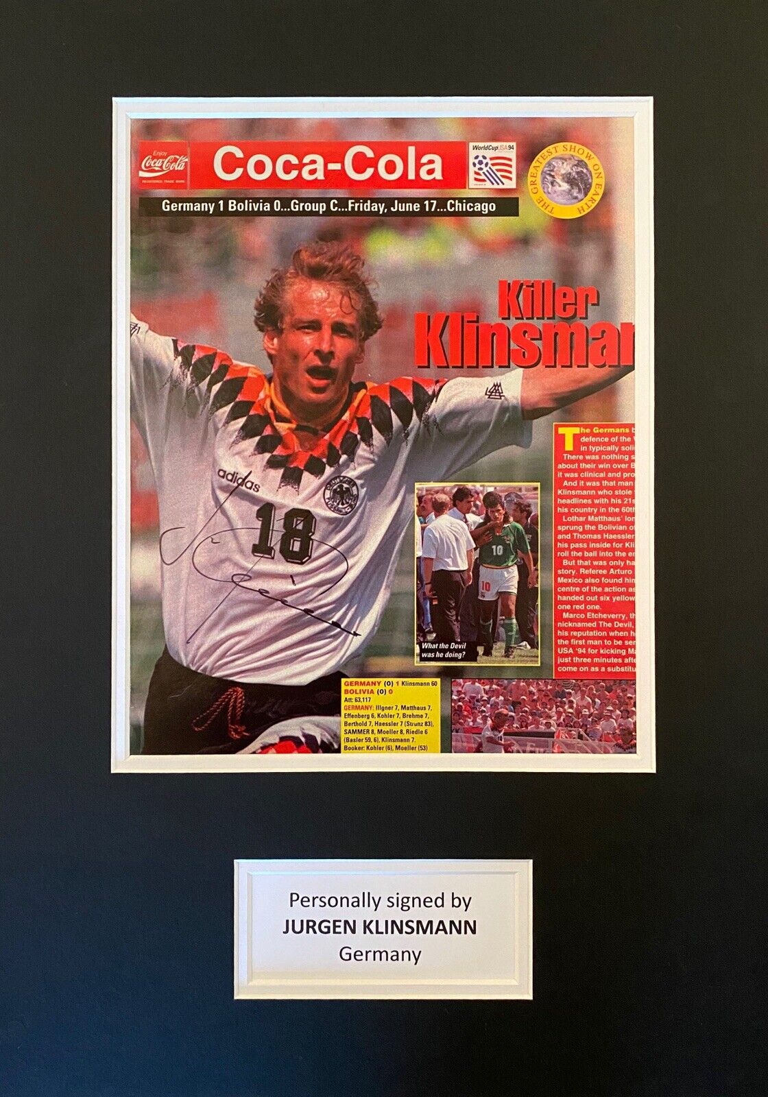 Jurgen Klinsmann Genuine Hand Signed Germany Magazine In 16x12 Mount Display