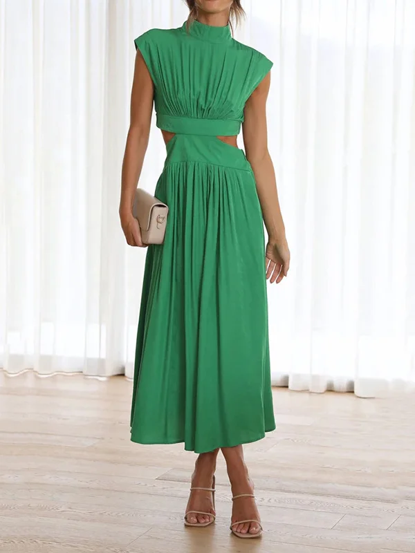 Cap Sleeve Belly-Hollow Pleated Solid Color Stand Collar Maxi Dresses
