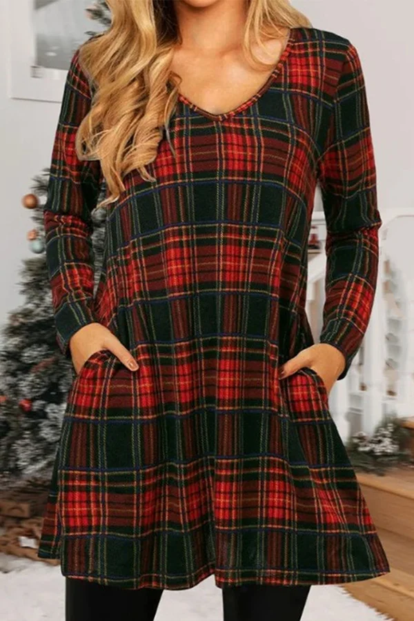 Classic Christmas Checker Print V-Neck Dress