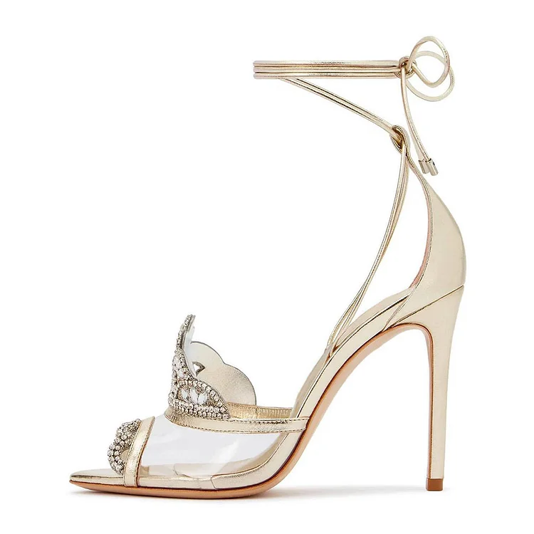 Pointed Toe Ankle Tie Stiletto Heels Rhinestone Crown Gold Sandals |FSJ Shoes