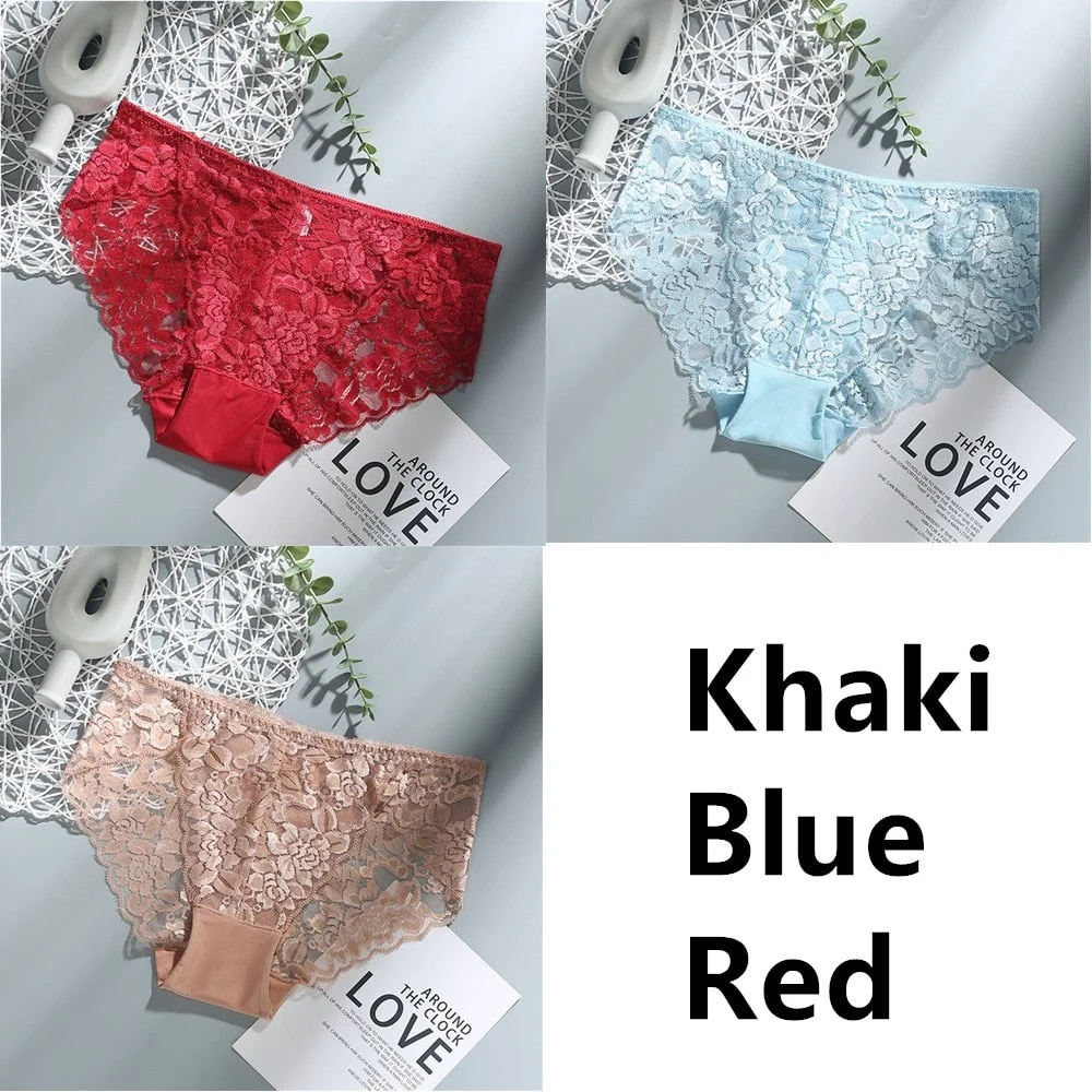 3Pcs Sexy Low Waist Women's Underwear Lace Plus Size Seamless Panties Breathable Lingerie Female Briefs Solid Hollow Underpants