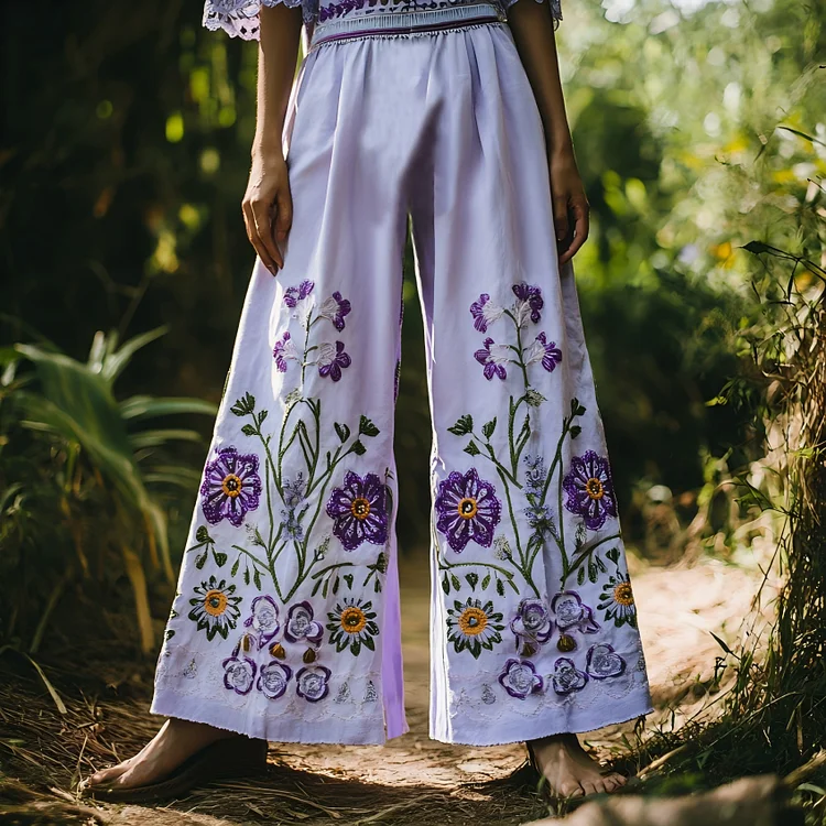 Utbros Vintage Purple Floral Embroidered Cotton And Linen Wide-leg Pants