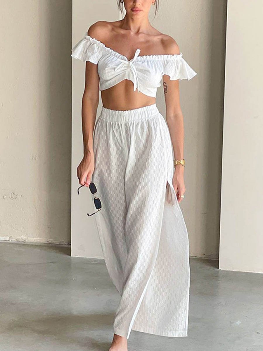 Off Shoulder Ruffles Split Hem Pants Two-Pieces Sets