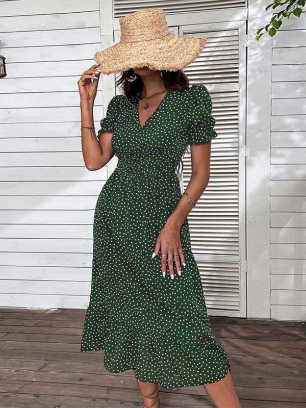 Mature Women Casual Summer New Holiday Polka Dot V-neck Mid-length Dress