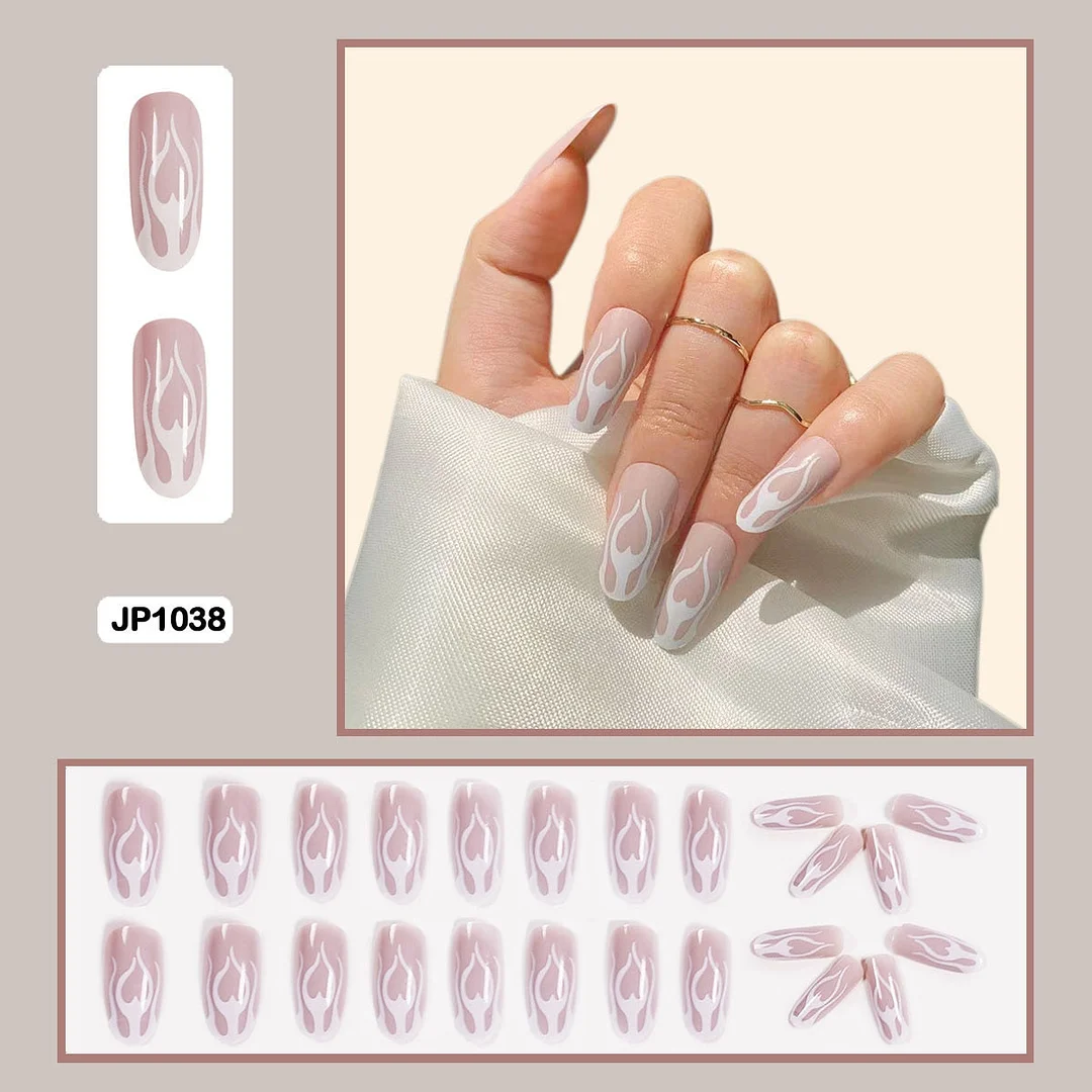 24PCS False Nails with Glue Rhinestones Long Detachable Fire Stick on Nails Coffin Flame Press on Nails Art DIY Manicure Tool-Nail Inspo