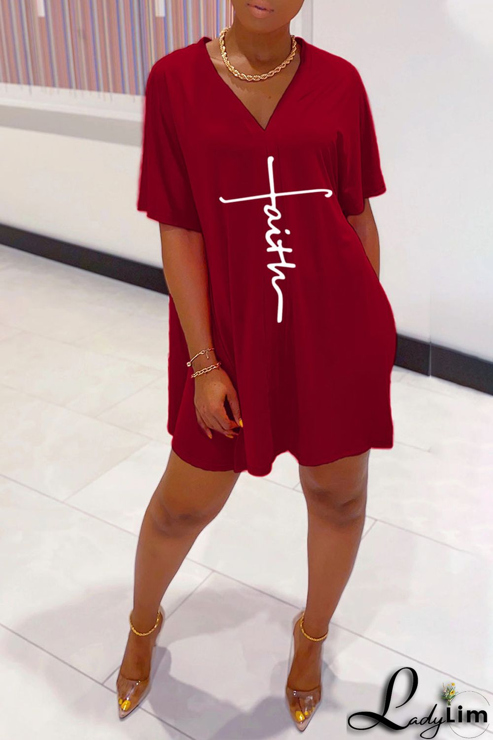 Tangerine Red Casual Print Split Joint V Neck Short Sleeve Two Pieces