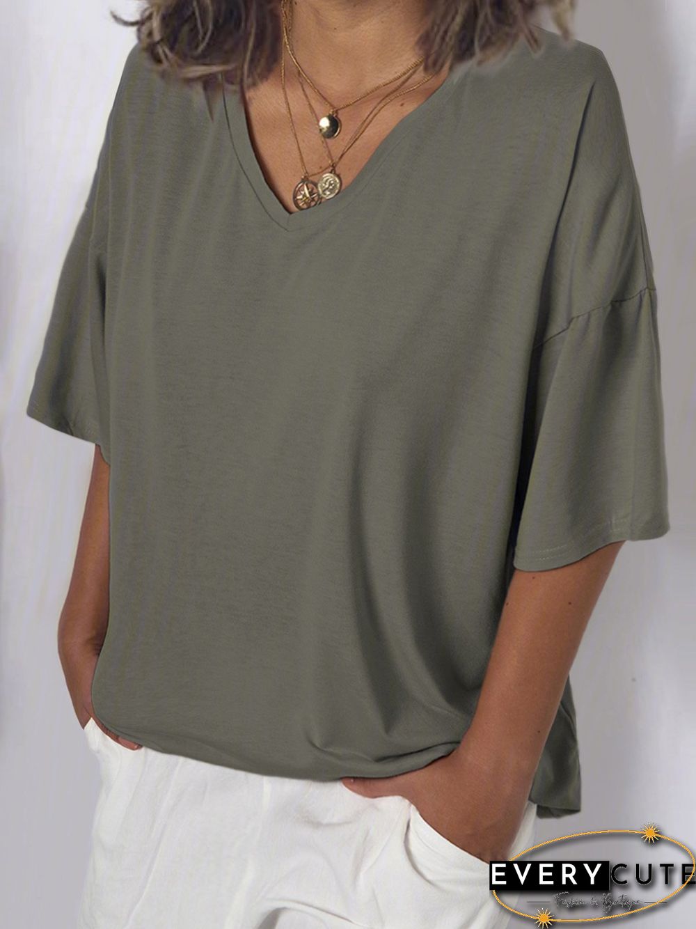 Women V Neck Cotton T Shirt Top Tunic