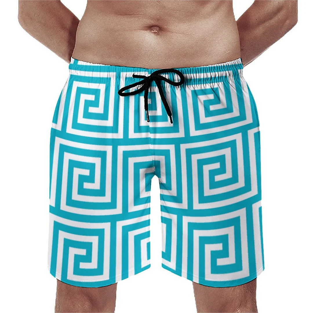 Aqua Blue White Greek Key Men's Swim Trunks Summer Board Shorts Quick Dry Beach Short with Pockets