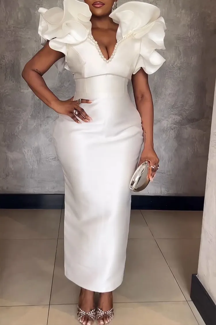 Women's Elegant Flounce-Sleeve Beaded Maxi Dress