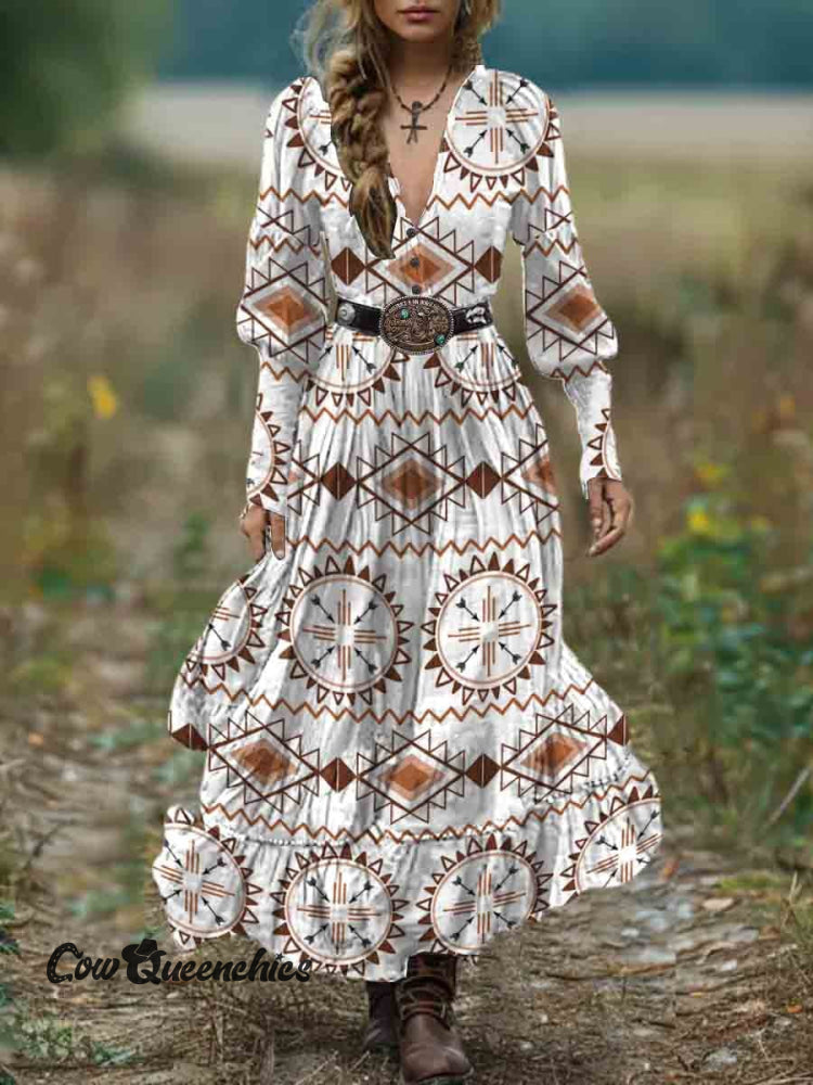 Women’s Vintage Brown Aztec Print Pocket Cotton Dress Multicolor / S