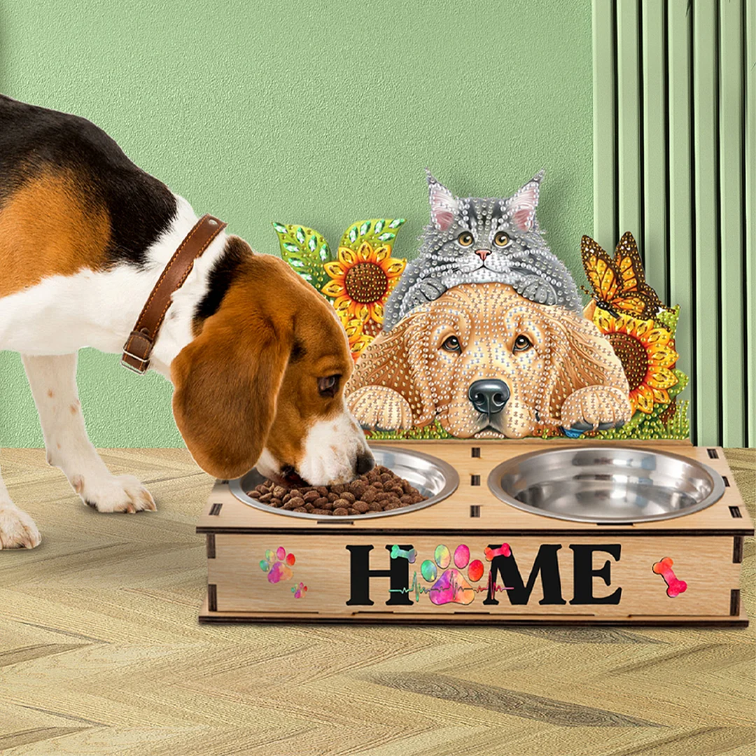 Diamond Painting Food Bowl with Wood Stand Diamond Art Dog Bowl for Small Dogs