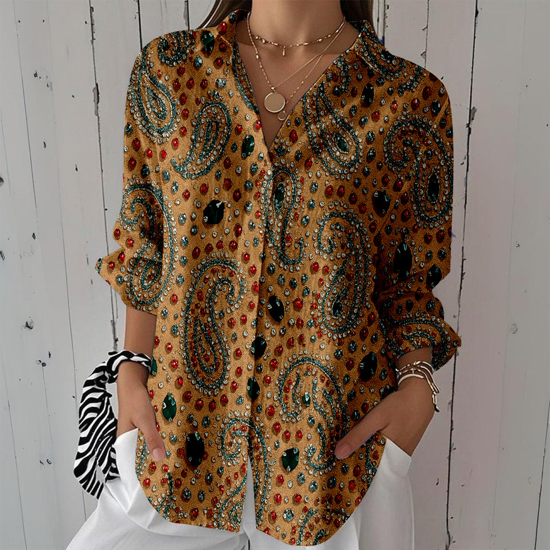 Women Long Sleeve V-neck Graphic Floral Printed Top
