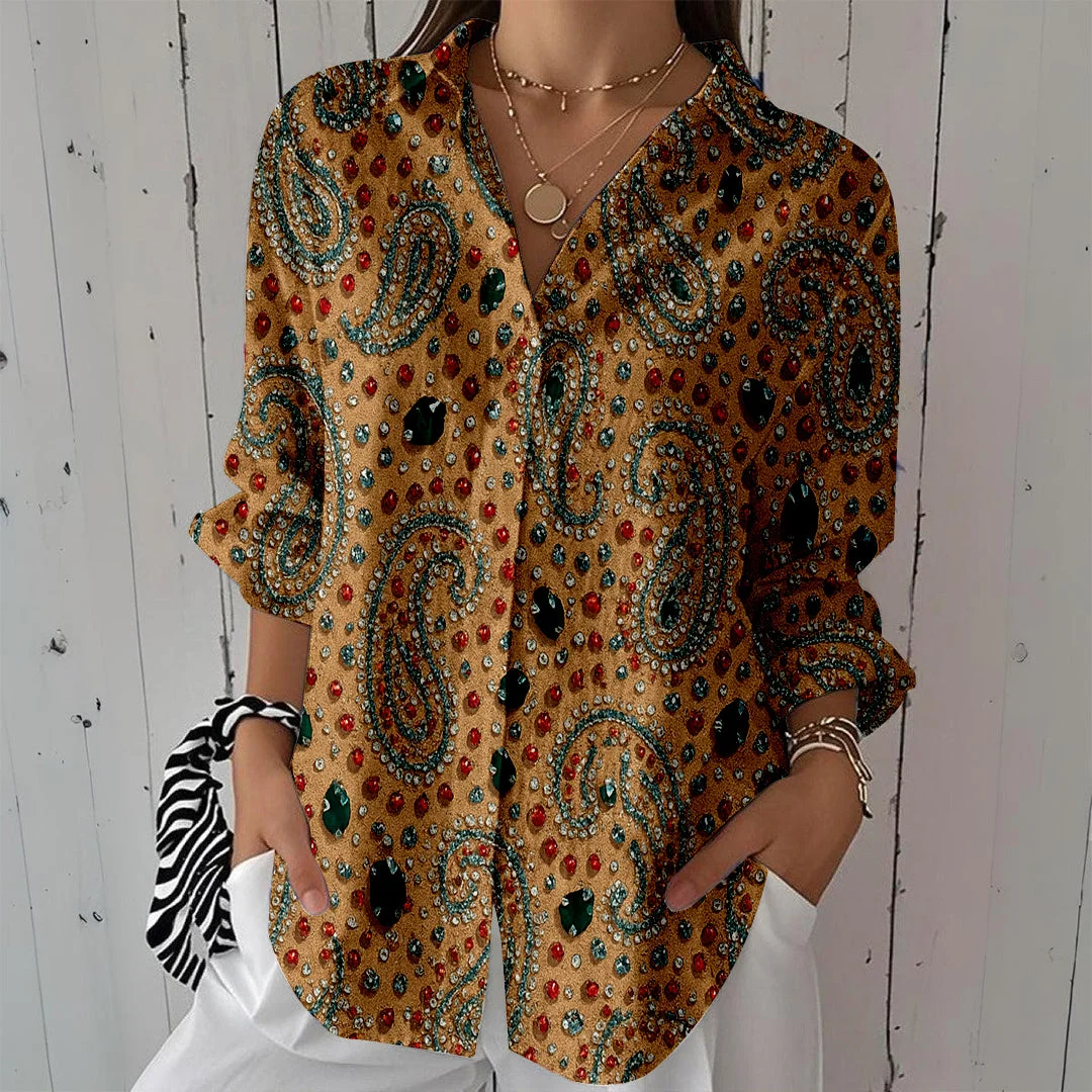 Style & Comfort for Mature Women Women Perris, Orange, Black DZCL0390 3/4 Sleeve Shirt Collar Printed Button Tops