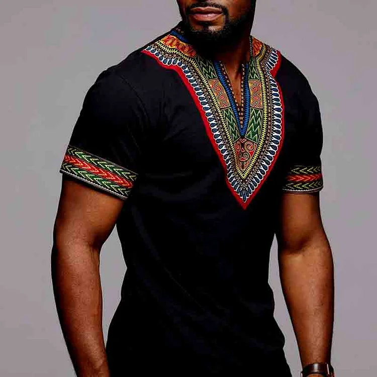 VChics Men's V Neck African Ankara Printing Short Sleeve T-Shirt
