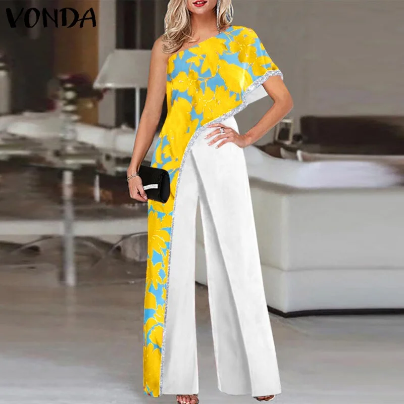 2022 VONDA Women Vintage Wide Leg Rompers Elegant Long Jumpsuits Casual Loose Solid One Shoulder Office Party Overalls Oversized