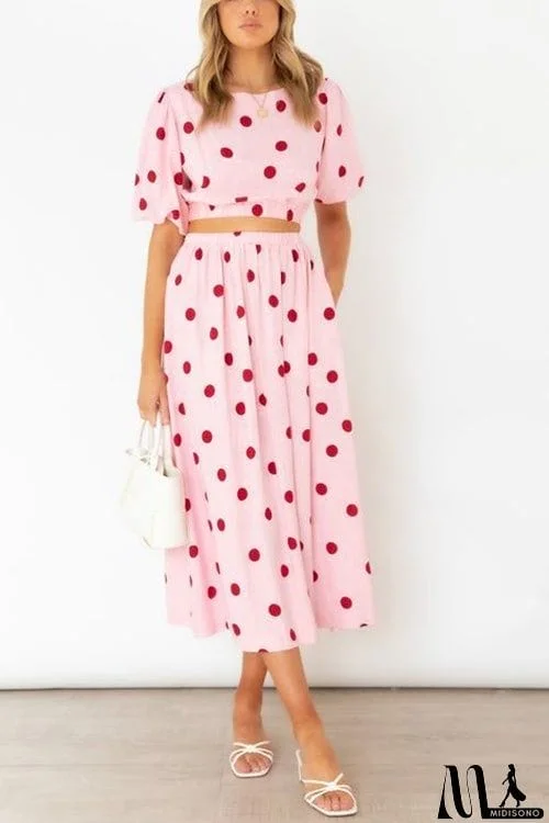 MidiSono - Polka Dot Puff Sleeve Maxi Skirts Set