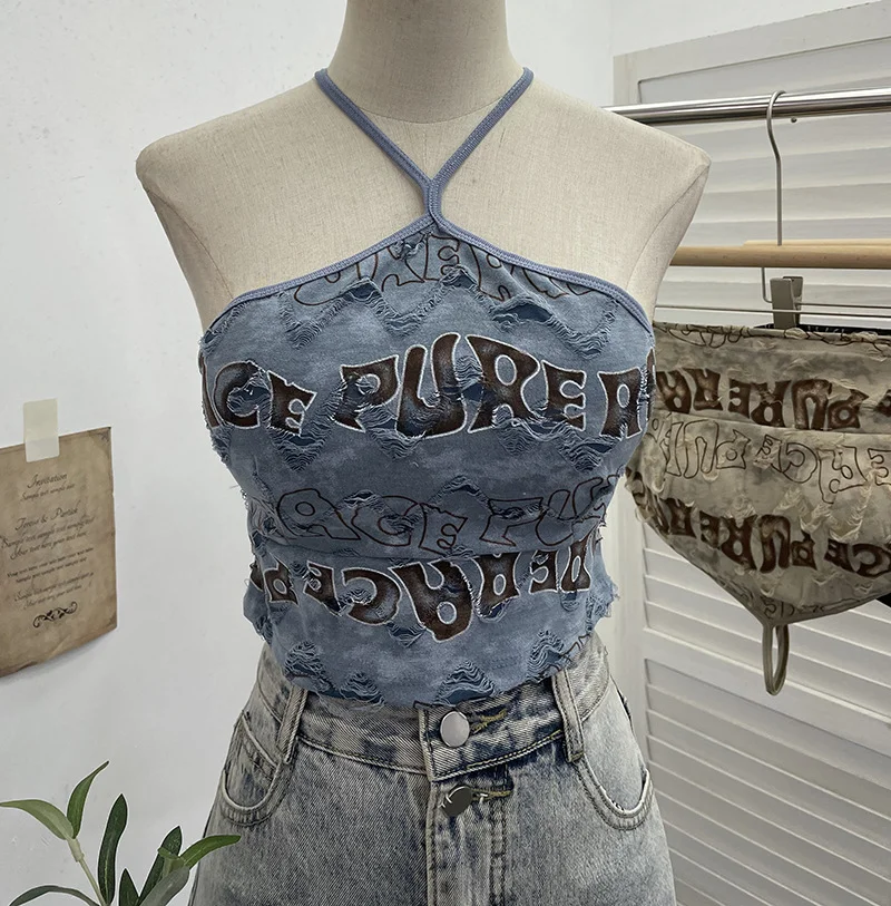 Uveng Real Shooting Spice Girls Letter Printing To Make Old Hole Hanging Neck Sling Vest Short With Chest Cushion Top 6672