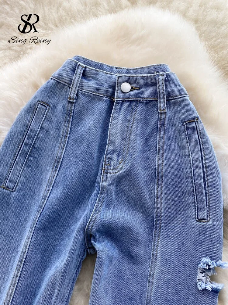 Toloer Streetwear Hollow Out Long Jeans Women Pockets Loose Wide Leg Pants Fashion Autumn Straight Blue Hole Denim Trousers