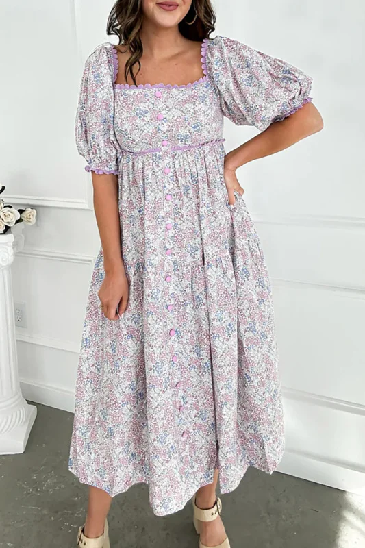 SCALLOP SWEETNESS FLORAL LAVENDAR MIDI DRESS