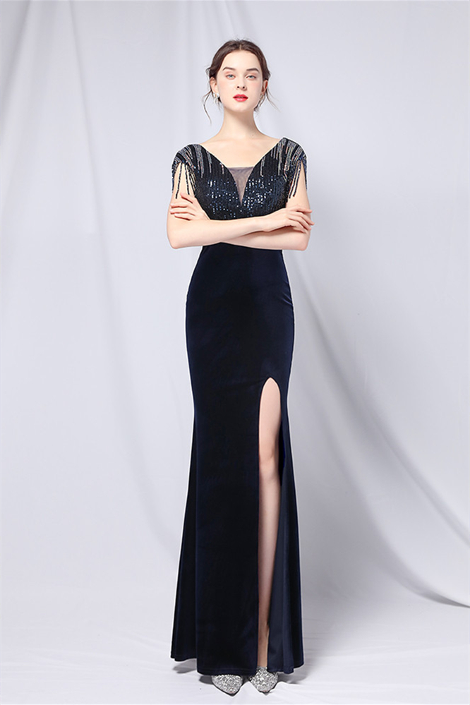 Luluslly V-Neck Cap Sleeves Evening Dress Mermaid Sequins Tassels Long With Slit YE0065
